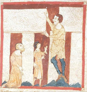 A giant helps Merlin build Stonehenge. From a 14th century manuscript in the British Library. Roman de Brut verse of literary history, by Norman poet Wace